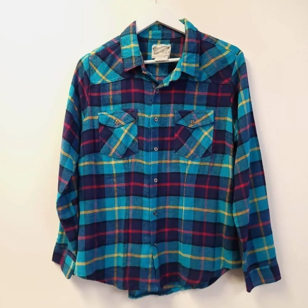 Overdrive Plaid Flannel Shirt Button Down Women's Size Small Roll Tab Sleeve - Picture 2 of 6